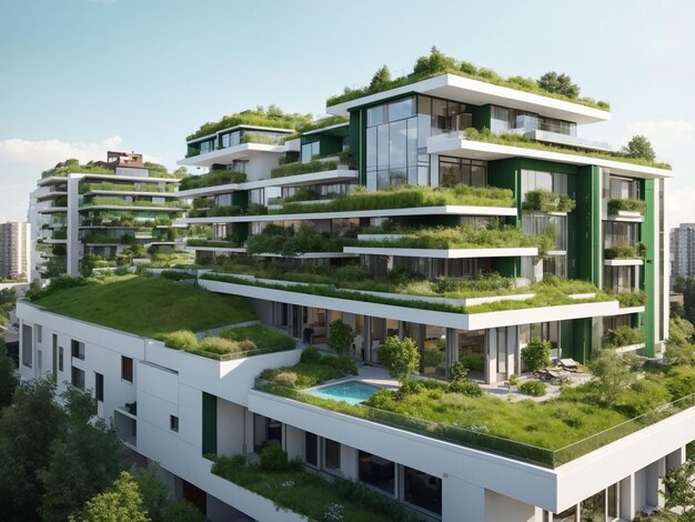 Foto gratis moderno quartiere residenziale con tetto verde e balcone generato da ai