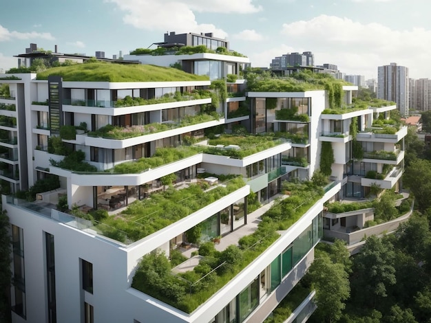 Foto gratis moderno quartiere residenziale con tetto verde e balcone generato da ai