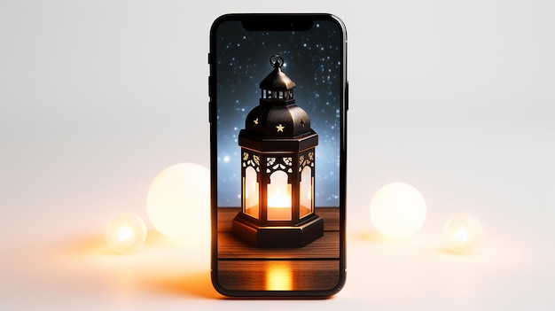 Foto gratis Ramadan Phone 14 con lanterna su sfondo bianco
