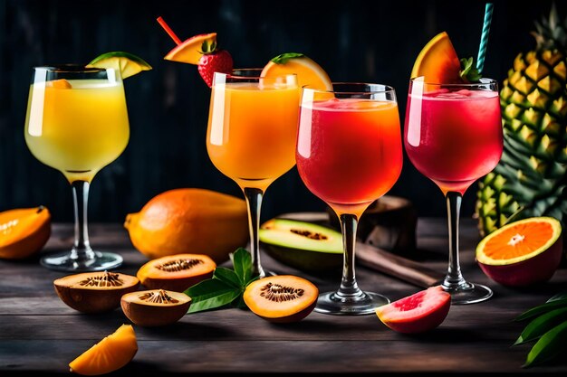 Foto gratis tre bicchieri di cocktail di frutta tropicale