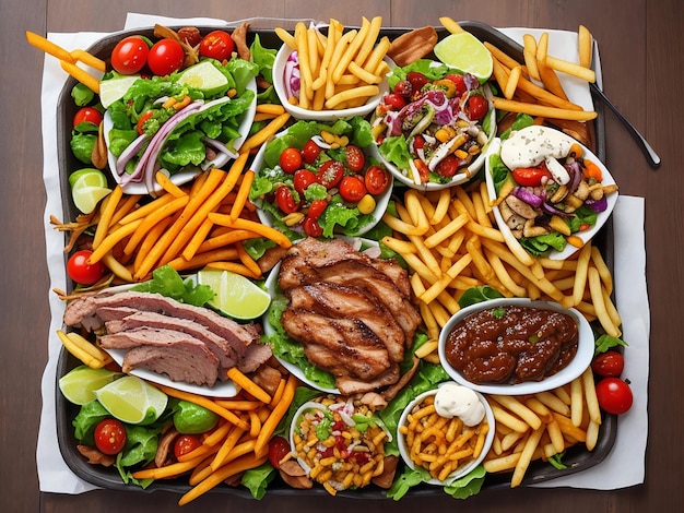 Foto gratis vista dall'alto mix di snack di carne con patatine fritte, insalata di verdure grigliate e salse