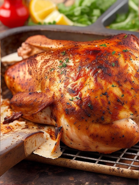 Foto gratis vista laterale del pollo al forno in un pollo arrosto di terracotta