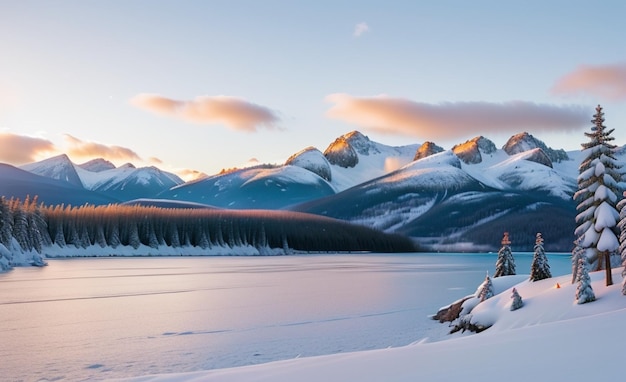 Foto gratuita Bellissimo paesaggio invernale con montagne innevate e lago al tramonto