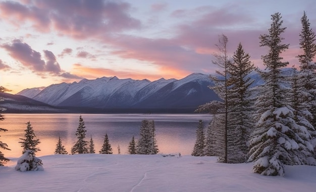 Foto gratuita Bellissimo paesaggio invernale con montagne innevate e lago al tramonto