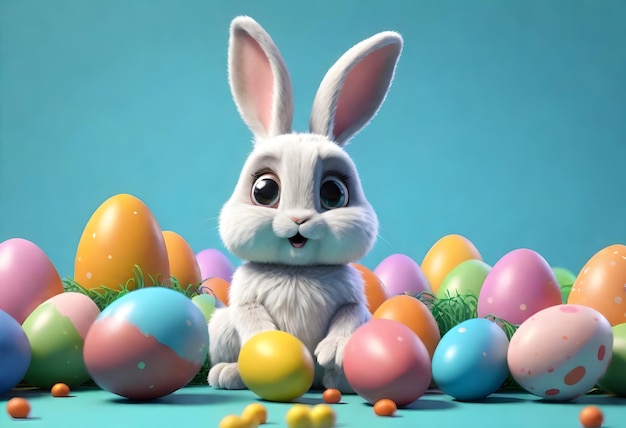 Foto gratuita Bunny felice con molte uova di Pasqua sfondo festivo per il design decorativo