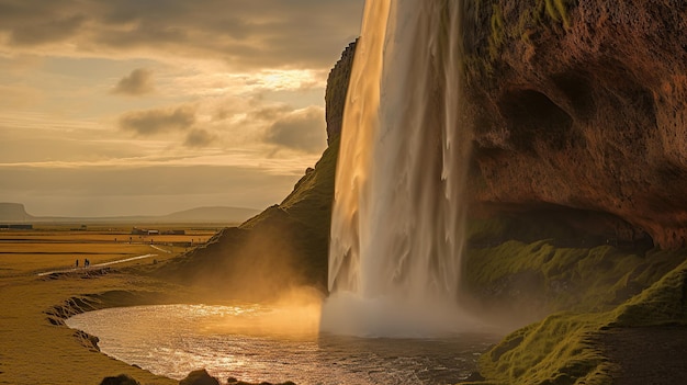 Foto gratuita cascata che scorre e tramonto a mezzanotte che splende in estate