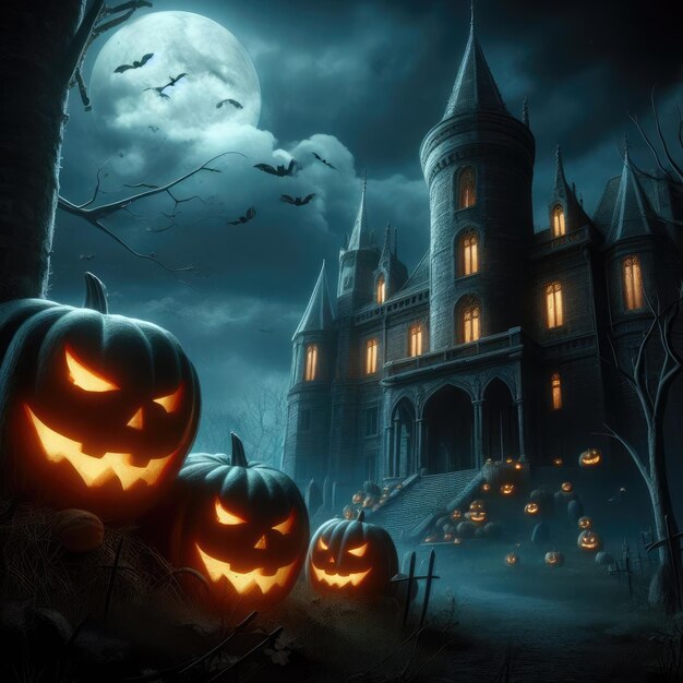 Foto gratuita castello cupo con zucche sorridenti la notte di Halloween