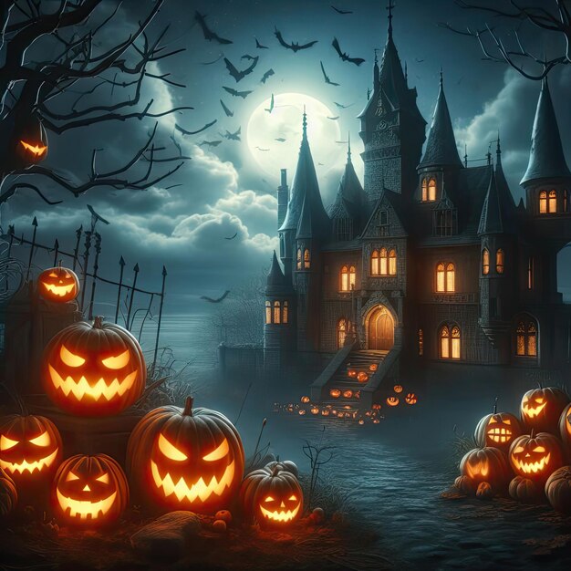 Foto gratuita castello cupo con zucche sorridenti la notte di Halloween