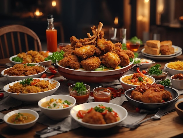 Foto gratuita del tavolo da pranzo con fritture e salse