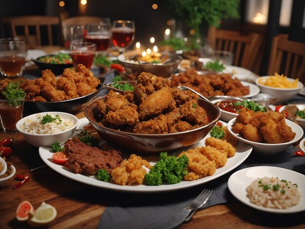 Foto gratuita del tavolo da pranzo con fritture e salse