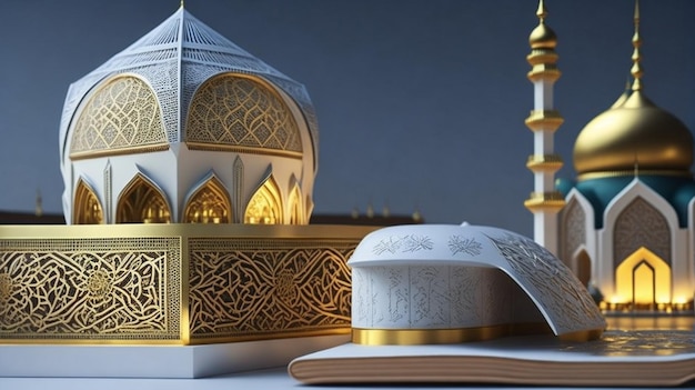 Foto gratuita di lusso Ramadan Kareem Eid Mubarak con la moschea e il sacro Corano ai generativo