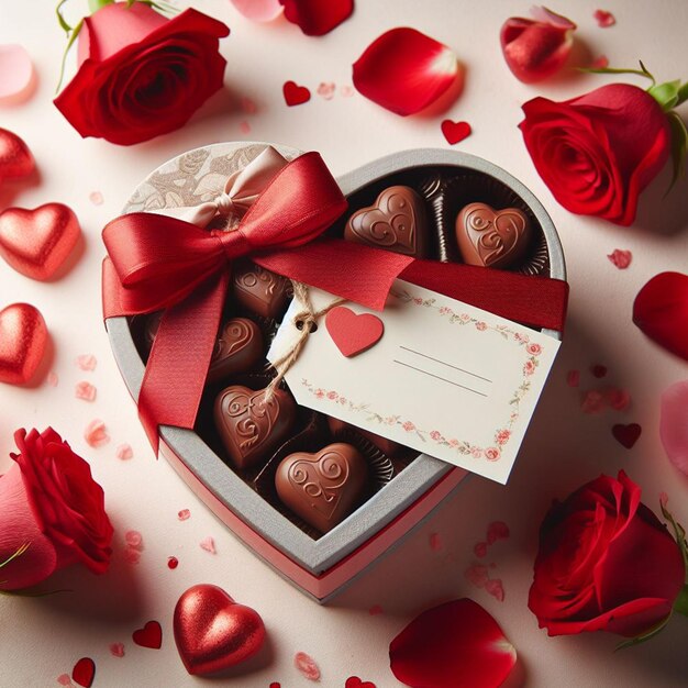 Foto gratuita di San Valentino all'interno di una coppia seduta con sfondo di fiori e cioccolato