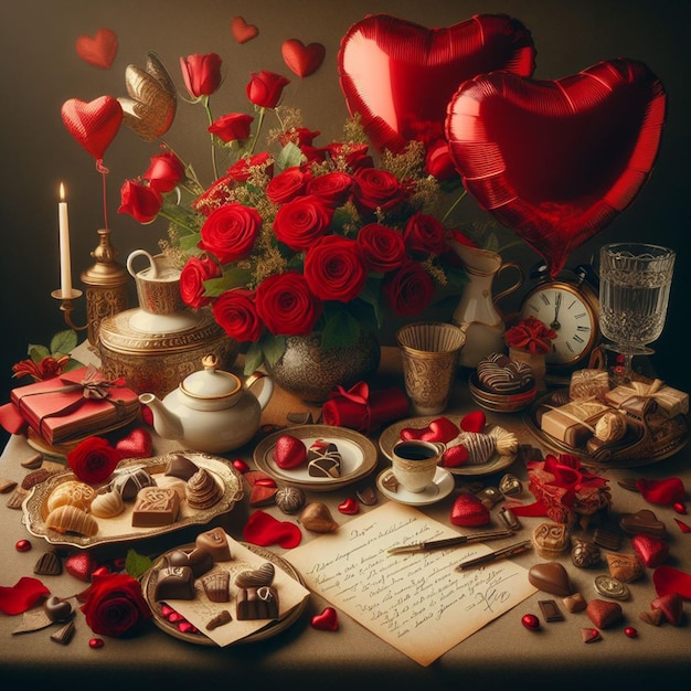 Foto gratuita di San Valentino all'interno di una coppia seduta con sfondo di fiori e cioccolato