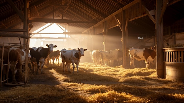 Foto gratuita di una mucca di una fattoria di mucche sullo sfondo del cielo e dell'erba verde generata da AI