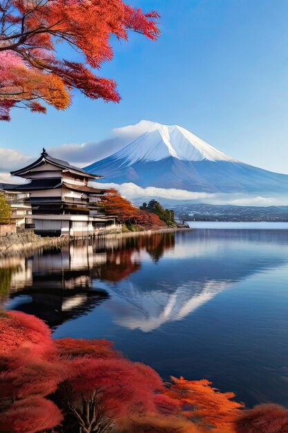foto gratuita Monte Fuji e lago Kawaguchiko al mattino stagioni autunnali Monte Fuji a Yamanashi i