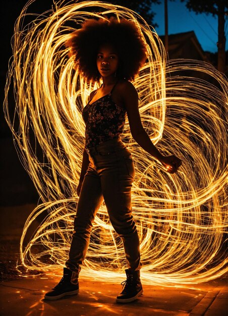 Foto gratuita Ragazza nera che celebra il Capodanno con scintille di vernice luminosa nella notte