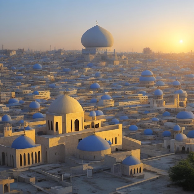 Foto gratuita Ramadan Kareem Eid Mubarak Mosque la sera con la luce del sole sullo sfondo