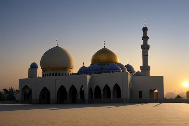 Foto gratuita Ramadan Kareem Eid Mubarak Mosque la sera con la luce del sole sullo sfondo