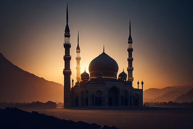 Foto gratuita Ramadan Kareem Eid Mubarak Mosque la sera con la luce del sole sullo sfondo