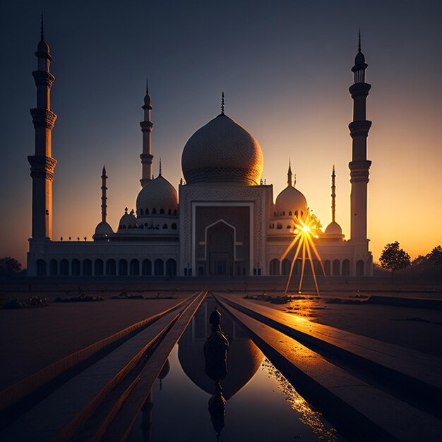 Foto gratuita Ramadan Kareem Eid Mubarak Mosque la sera con la luce del sole sullo sfondo