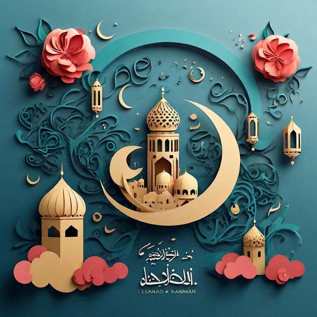 Foto gratuita Ramadan Kareem illustrazione attraverso il saluto islamico in stile cartaceo