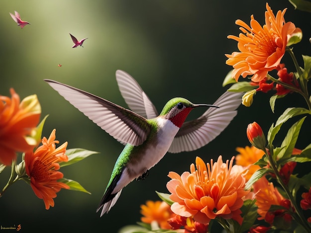 Foto gratuita uccello colibrì verde e grigio che vola sopra i fiori gialli