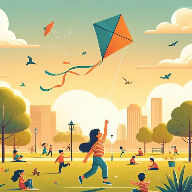 Foto gratuita Un bambino che fa volare un aquilone in un parco con altri bambini che giocano sullo sfondo