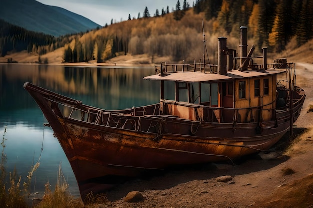 Foto gratuita vecchia barca da pesca arrugginita sul pendio lungo la riva del lago