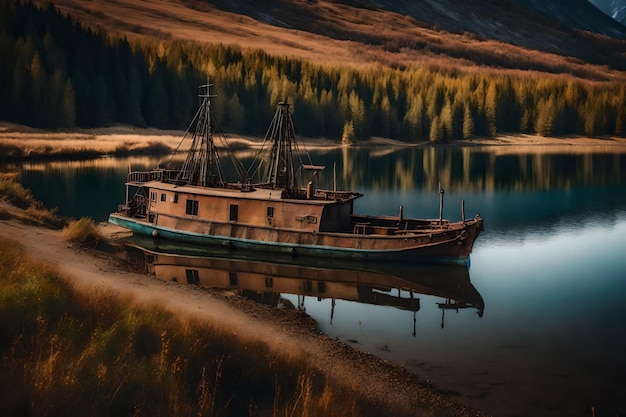 Foto gratuita vecchia barca da pesca arrugginita sul pendio lungo la riva del lago