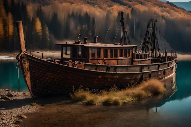 Foto gratuita vecchia barca da pesca arrugginita sul pendio lungo la riva del lago