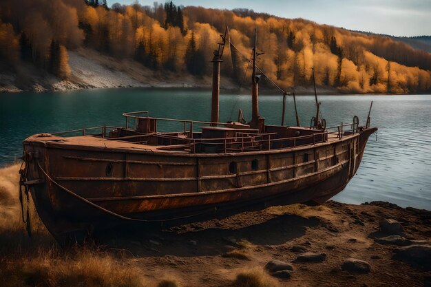 Foto gratuita vecchia barca da pesca arrugginita sul pendio lungo la riva del lago