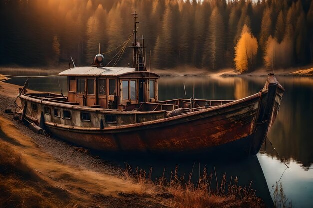 Foto gratuita vecchia barca da pesca arrugginita sul pendio lungo la riva del lago