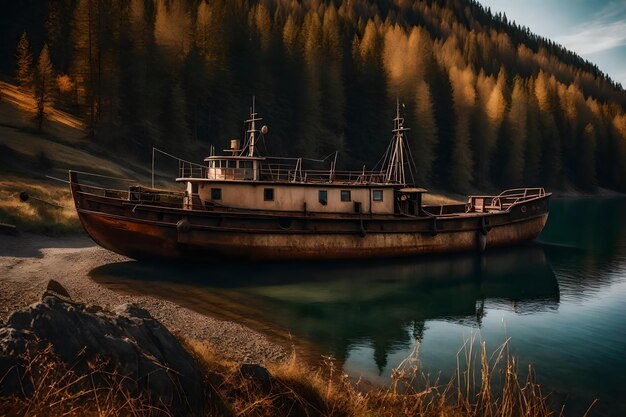 Foto gratuita vecchia barca da pesca arrugginita sul pendio lungo la riva del lago