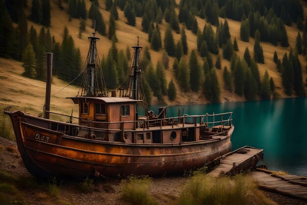 Foto gratuita vecchia barca da pesca arrugginita sul pendio lungo la riva del lago