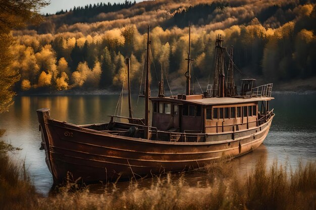 Foto gratuita vecchia barca da pesca arrugginita sul pendio lungo la riva del lago