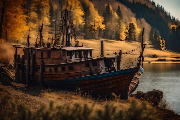 Foto gratuita vecchia barca da pesca arrugginita sul pendio lungo la riva del lago