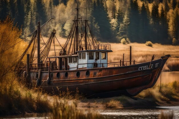 Foto gratuita vecchia barca da pesca arrugginita sul pendio lungo la riva del lago