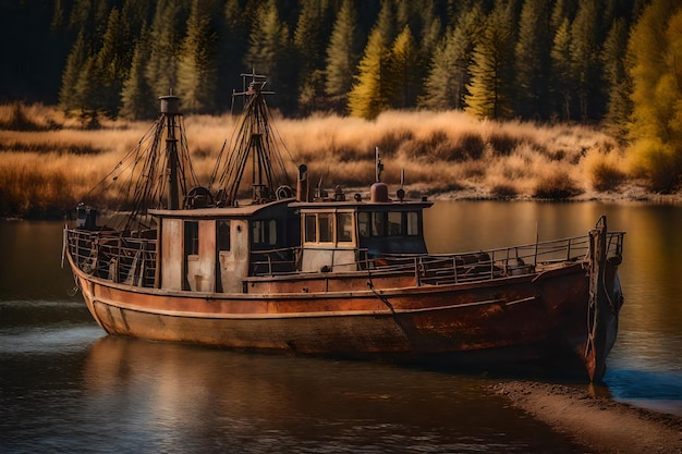 Foto gratuita vecchia barca da pesca arrugginita sul pendio lungo la riva del lago