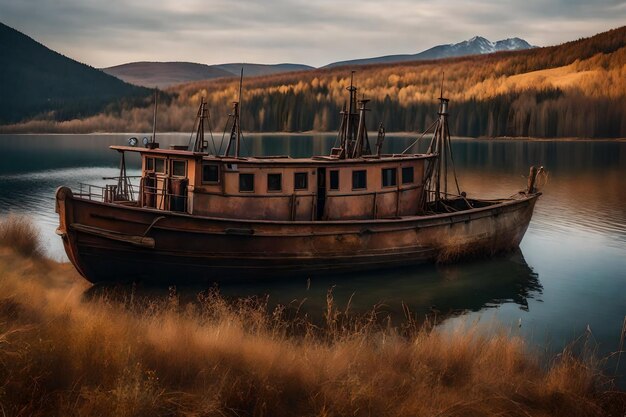 Foto gratuita vecchia barca da pesca arrugginita sul pendio lungo la riva del lago