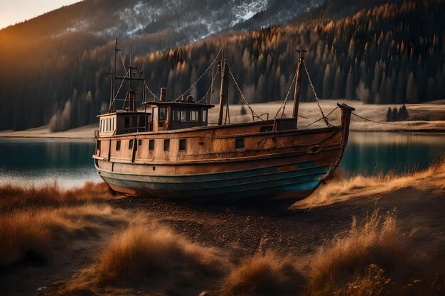 Foto gratuita vecchia barca da pesca arrugginita sul pendio lungo la riva del lago