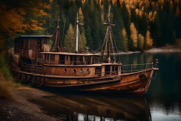 Foto gratuita vecchia barca da pesca arrugginita sul pendio lungo la riva del lago