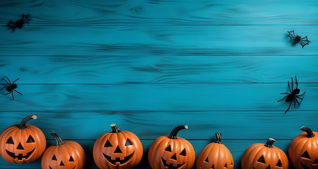 Foto halloween zucche e pipistrelli malvagi su un tavolo di legno con spazio di copia per il concetto di giorno di halloween