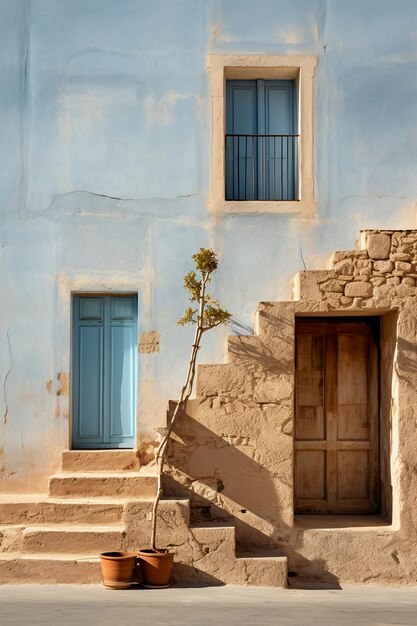 Foto idilliaca vista frontale della finestra dei gradini blu della parete beige AI generativa