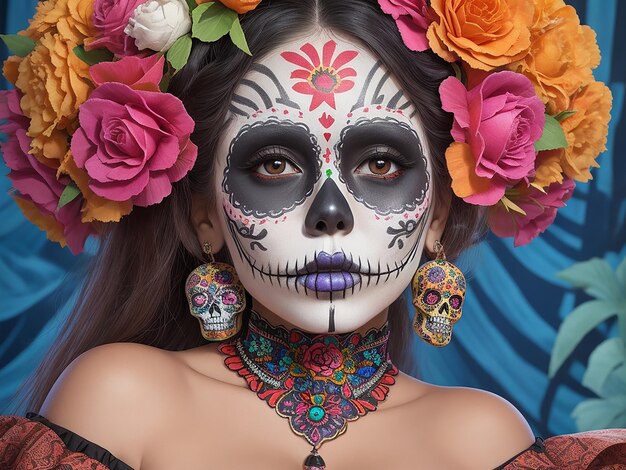 Foto il giorno dei morti calavera catrina donna con tradizionale zucchero cranio trucco 3d