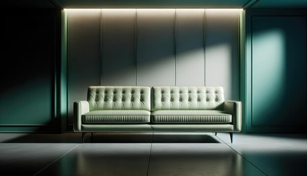Foto illuminata in modo drammatico di un soggiorno moderno con un divano in pelle verde chiaro con un m vintage