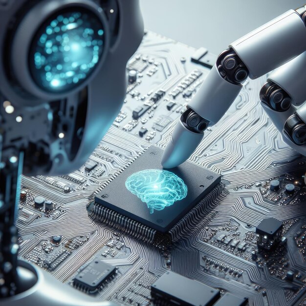 Foto illustrazione 2d astratto sfondo della tecnologia dei circuiti elettronici futuristici con mano di robot
