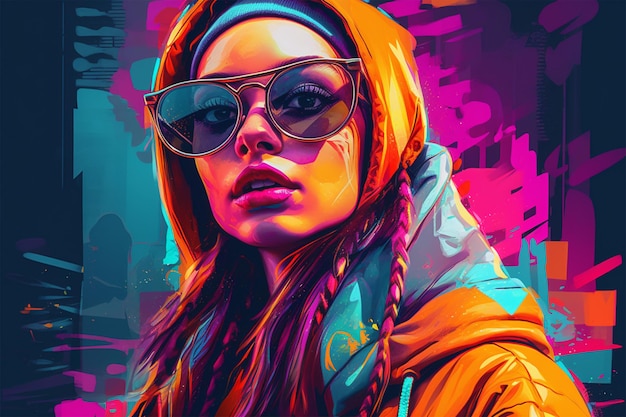 foto illustrazione ragazza americana con hip hop colorato