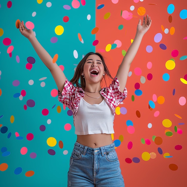 Foto in 3D di una giovane donna felice che celebra il suo successo, sfondo semplice, ritratto in studio