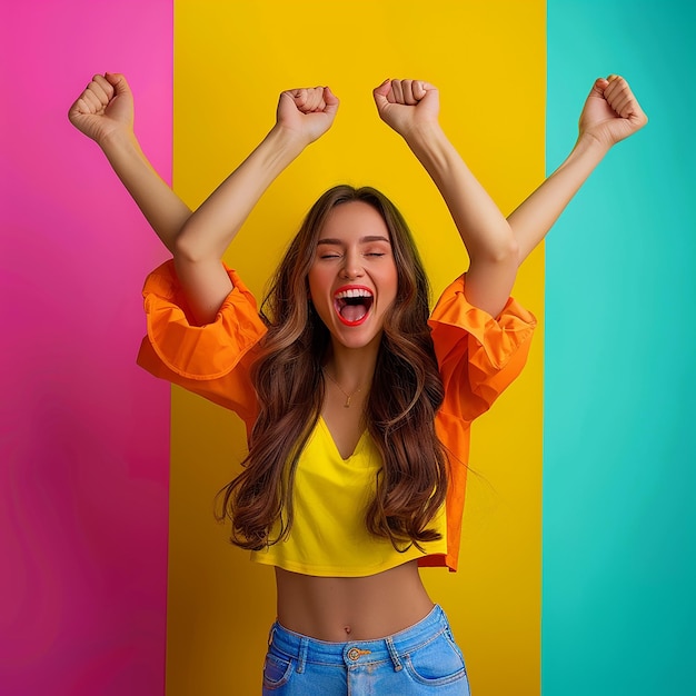 Foto in 3D di una giovane donna felice che celebra il suo successo, sfondo semplice, ritratto in studio