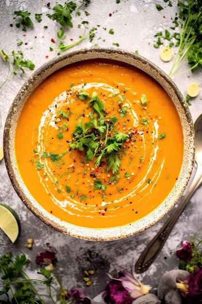 Foto in alto di un piatto di zuppa di carota con formaggio a crema accompagnata da cipolla e spezie Piatto sano Immagine creata con AI